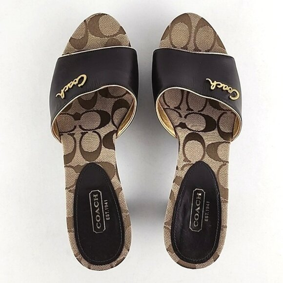 Coach Kathie Slides Dark Brown Leather Signature Log Mid Heel Size 8.5B - Picture 7 of 16
